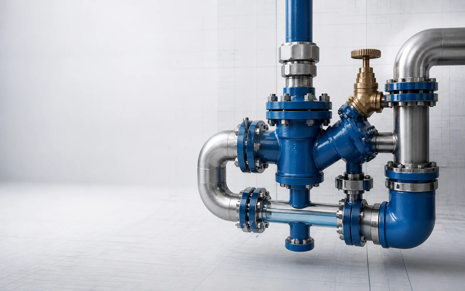 Conceptual blue and steel plumbing system on a blueprint field